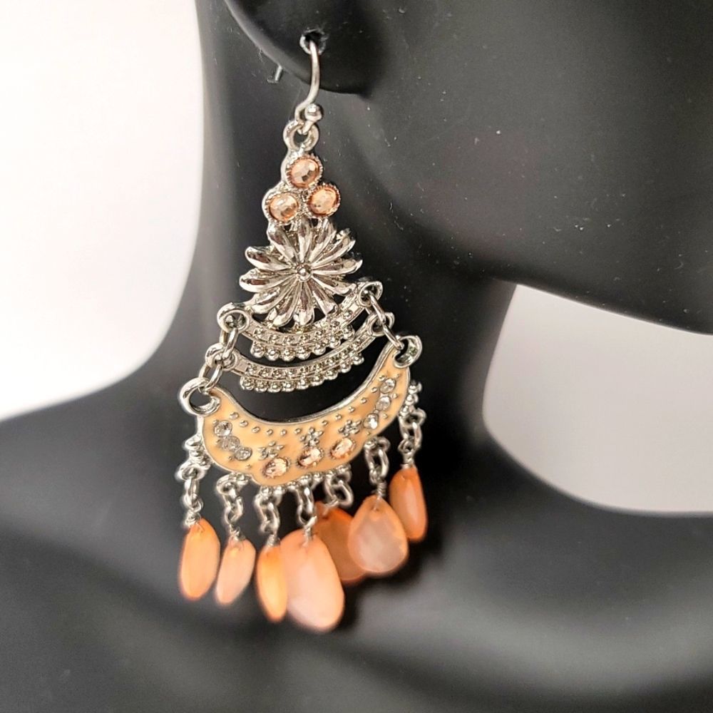 Peach And Silvertone Chandelier Earrings